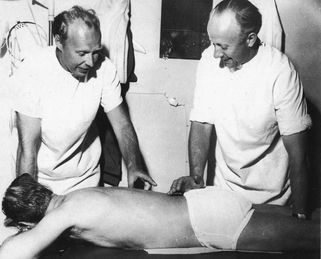 Freddy Kaltenborn and Albert Cramer teaching a Chiropractic course to Nordic physicians in Oslo, Norway, 1959. (Picture courtesy Arbeiderbladet, 1959)